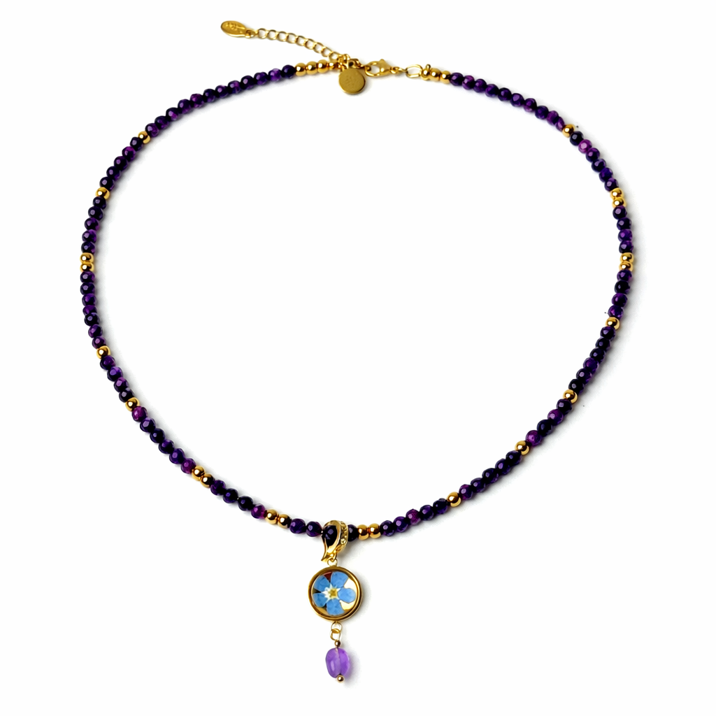 NASZYJNIK AMETYST Z NIEZAPOMINAJKĄ