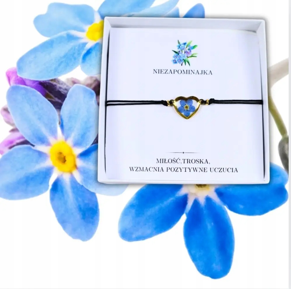 BRANSOLETKA SERCE Z NIEZAPOMINAJKĄ BIAŁE TŁO