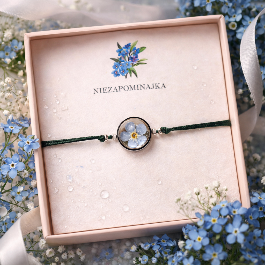 BRANSOLETKA Z NIEZAPOMINAJKĄ NA RZEMYKU OKRĄGŁA BUTELKOWA ZIELEŃ