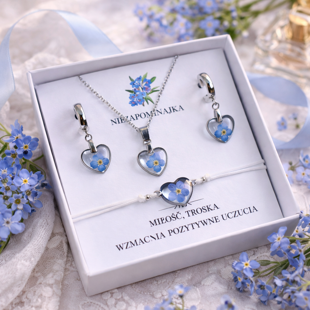 ZESTAW PRZENT DLA KOBIETY NIEZAPOMINAJKI SERCA KOLCZYKI NASZYJNIK