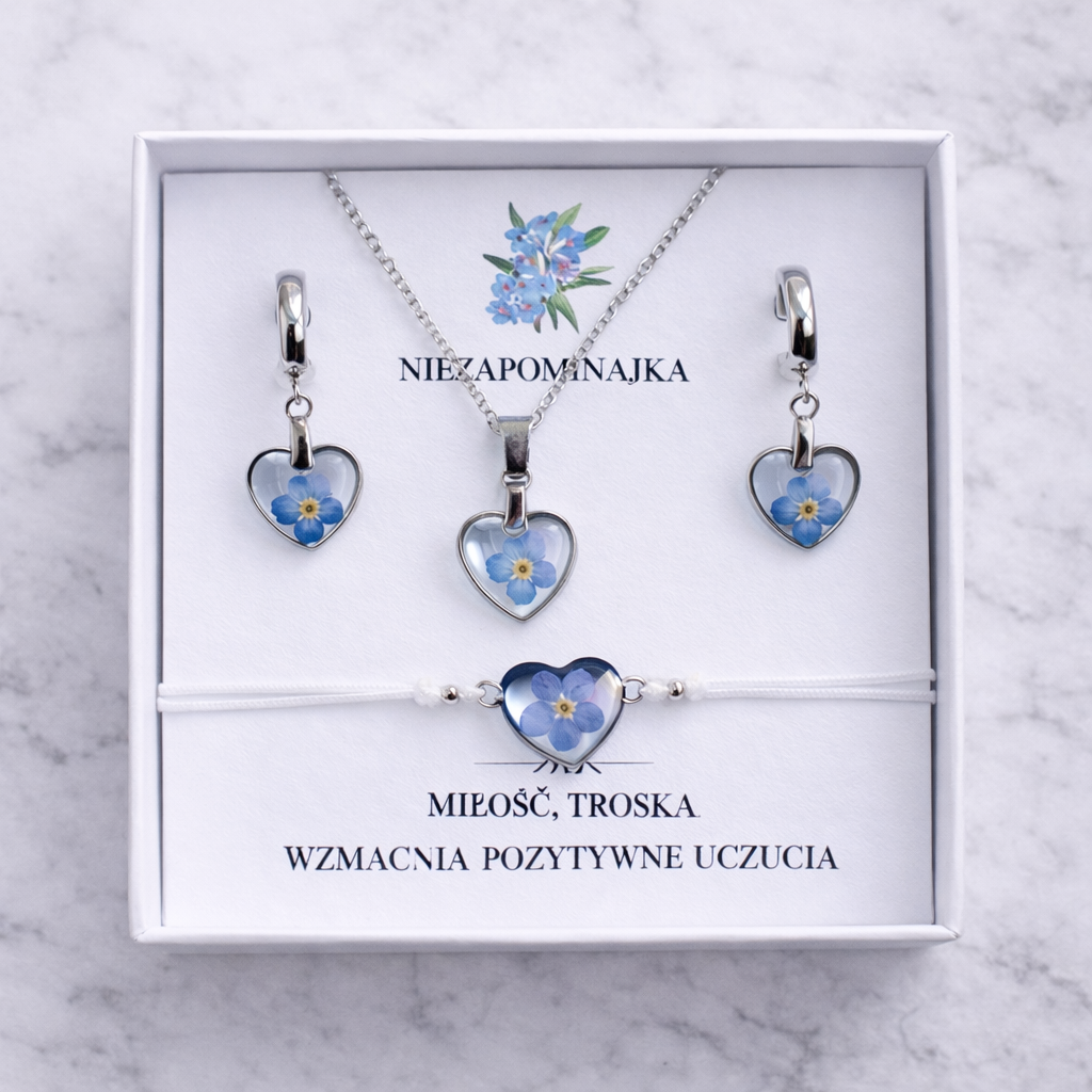 ZESTAW PRZENT DLA KOBIETY NIEZAPOMINAJKI SERCA KOLCZYKI NASZYJNIK