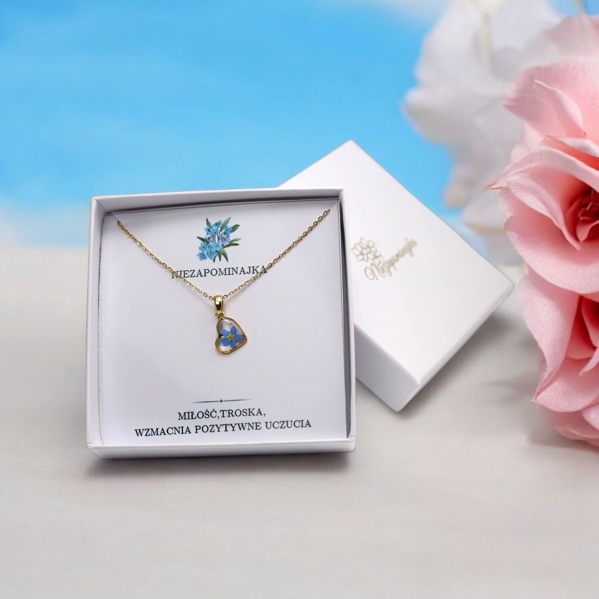 NASZYJNIK ROMANTYCZNY SERCE  NIEZAPOMINAJKI