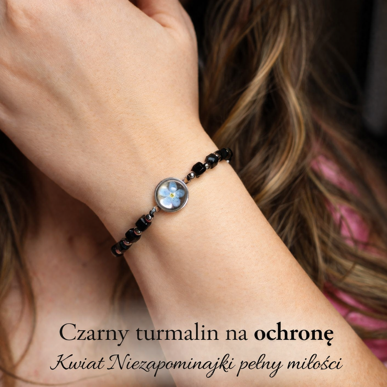 BRANSOLETKA OCHRONNA Z NIEZAPOMINAJKĄ TURMALIN