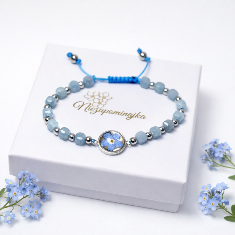 BRANSOLETKA  NA ODWAGĘ  Z NIEZAPOMINAJKĄ AKWAMARYN