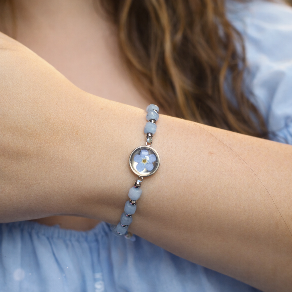 BRANSOLETKA  NA ODWAGĘ  Z NIEZAPOMINAJKĄ AKWAMARYN