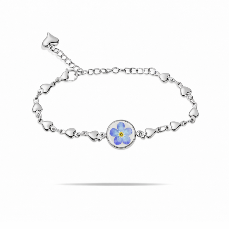 BRANSOLETKA Z KWIATAMI NIEZAPOMINAJKI ŁAŃCUSZEK