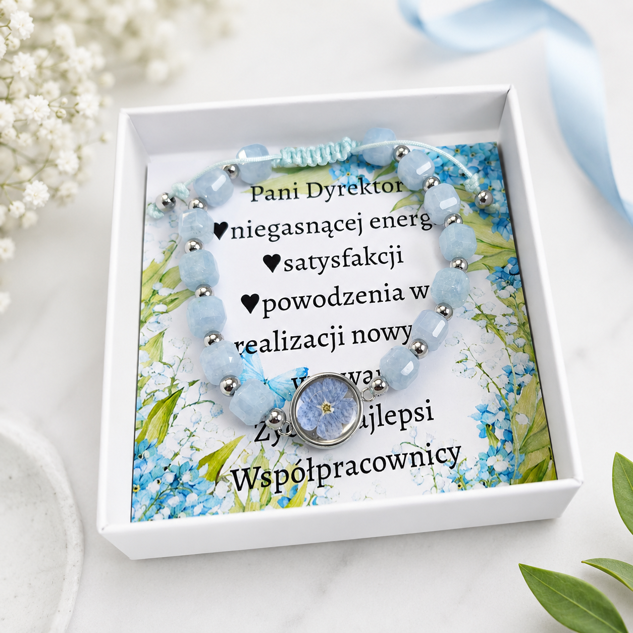 BRANSOLETKA  NA ODWAGĘ  Z NIEZAPOMINAJKĄ AKWAMARYN