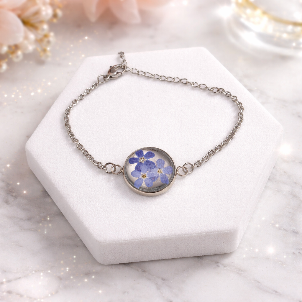 BRANSOLETKA Z KWIATAMI NIEZAPOMINAJKI ŁAŃCUSZEK