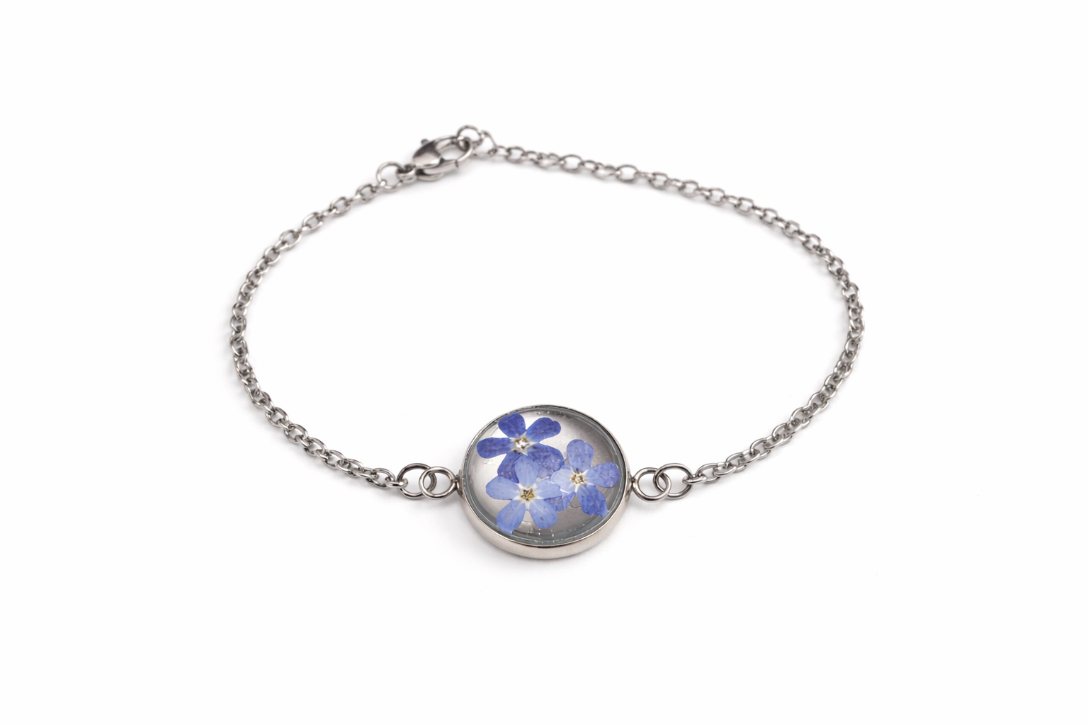 BRANSOLETKA Z KWIATAMI NIEZAPOMINAJKI ŁAŃCUSZEK