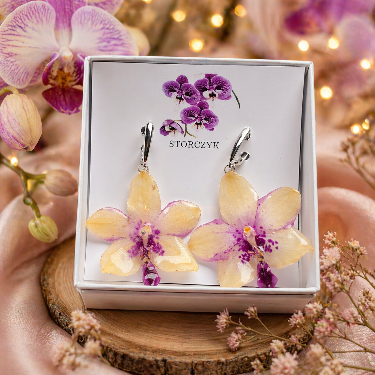 KOLCZYKI STORCZYKI BIAŁE Z FIOLETEM